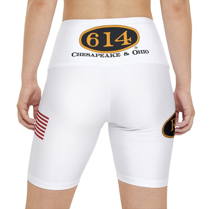 Women's Shorts — White Fitness Biker Shorts with RJD America Logo, '614 Chesapeake & Ohio' and American Flag