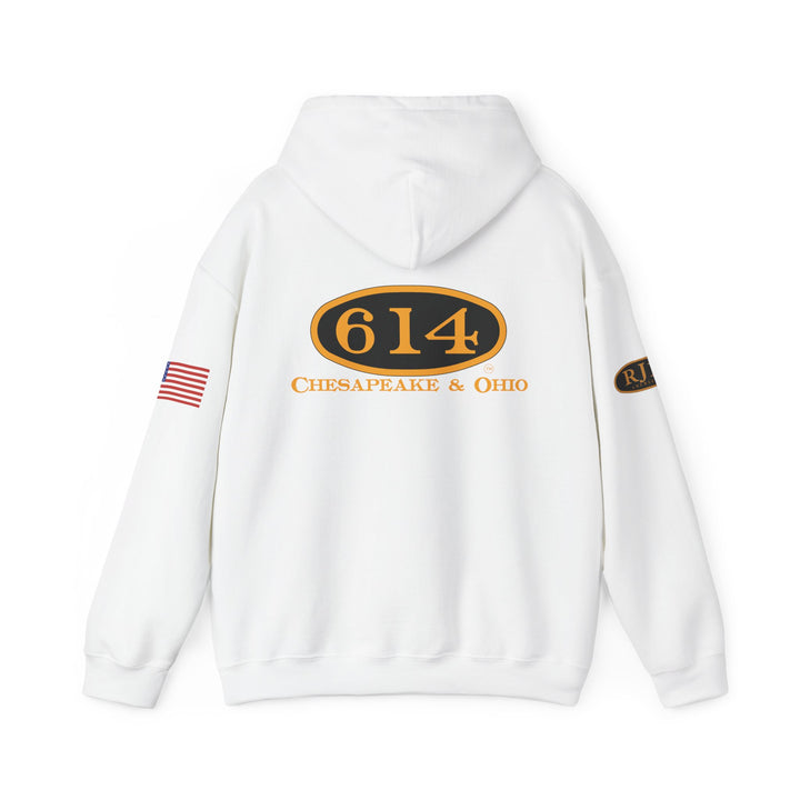 Chesapeake & Ohio 614 Vintage Hoodie - Unisex Heavy Blend™ with American Flag and RJD America Logo on the sleeves.