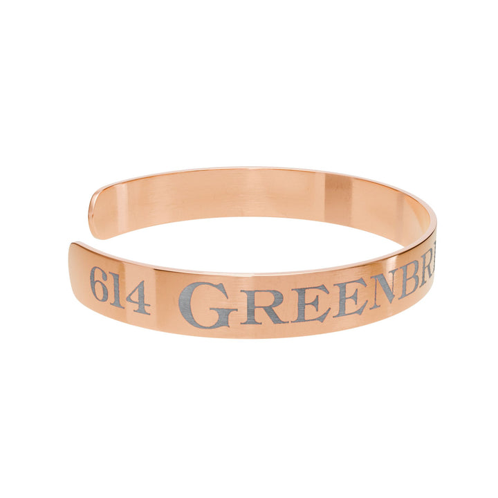 Engraved Rose Gold Cuff Bracelet — "614 Greenbrier Class J-3a"