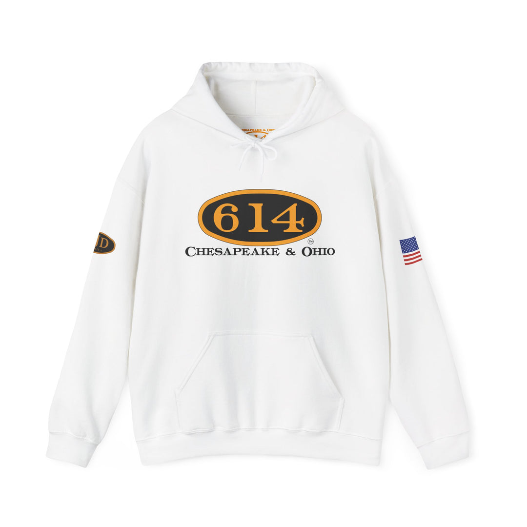 Chesapeake & Ohio 614 Vintage Hoodie - Unisex Heavy Blend™ with American Flag and RJD America Logo on the sleeves.