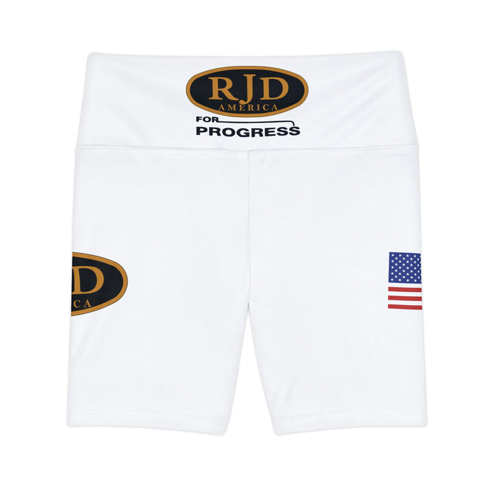 Women's Shorts — White Fitness Biker Shorts with RJD America Logo, '614 Chesapeake & Ohio' and American Flag