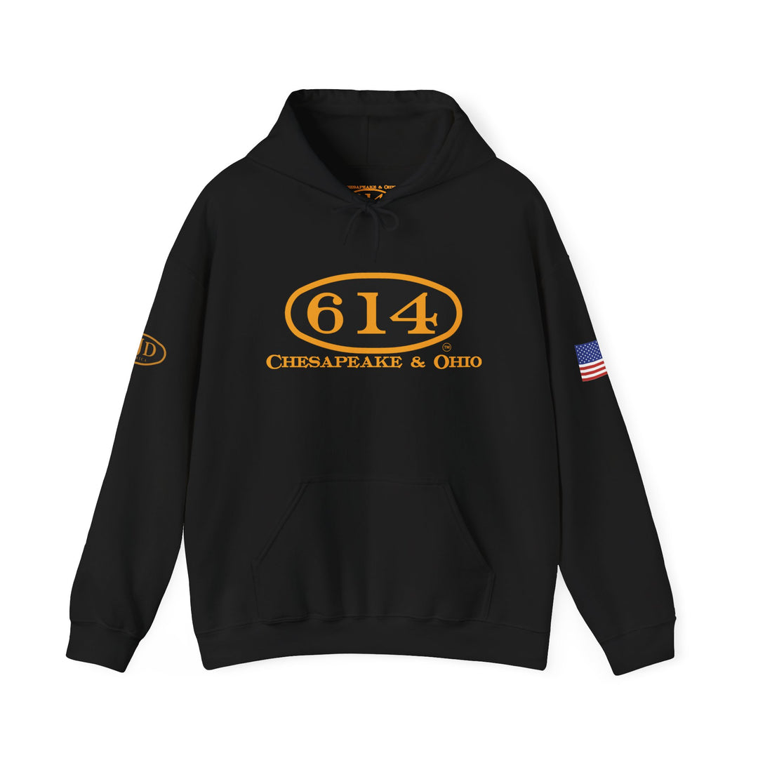 Chesapeake & Ohio 614 Vintage Hoodie - Unisex Heavy Blend™ with American Flag and RJD America Logo on the sleeves.