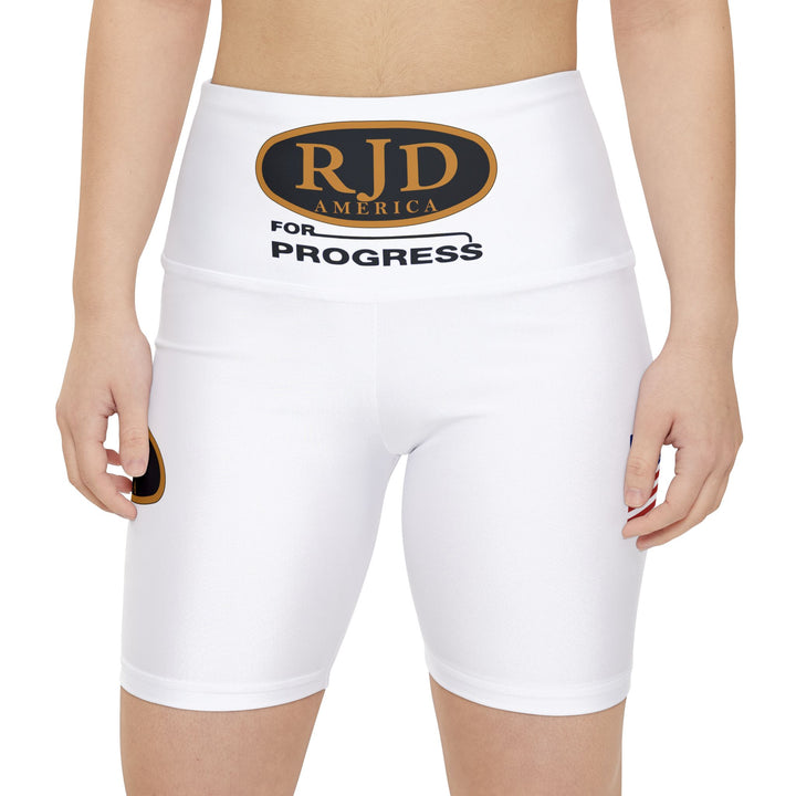 Women's Shorts — White Fitness Biker Shorts with RJD America Logo, '614 Chesapeake & Ohio' and American Flag