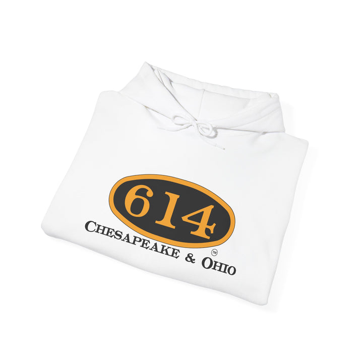 Chesapeake & Ohio 614 Vintage Hoodie - Unisex Heavy Blend™ with American Flag and RJD America Logo on the sleeves.