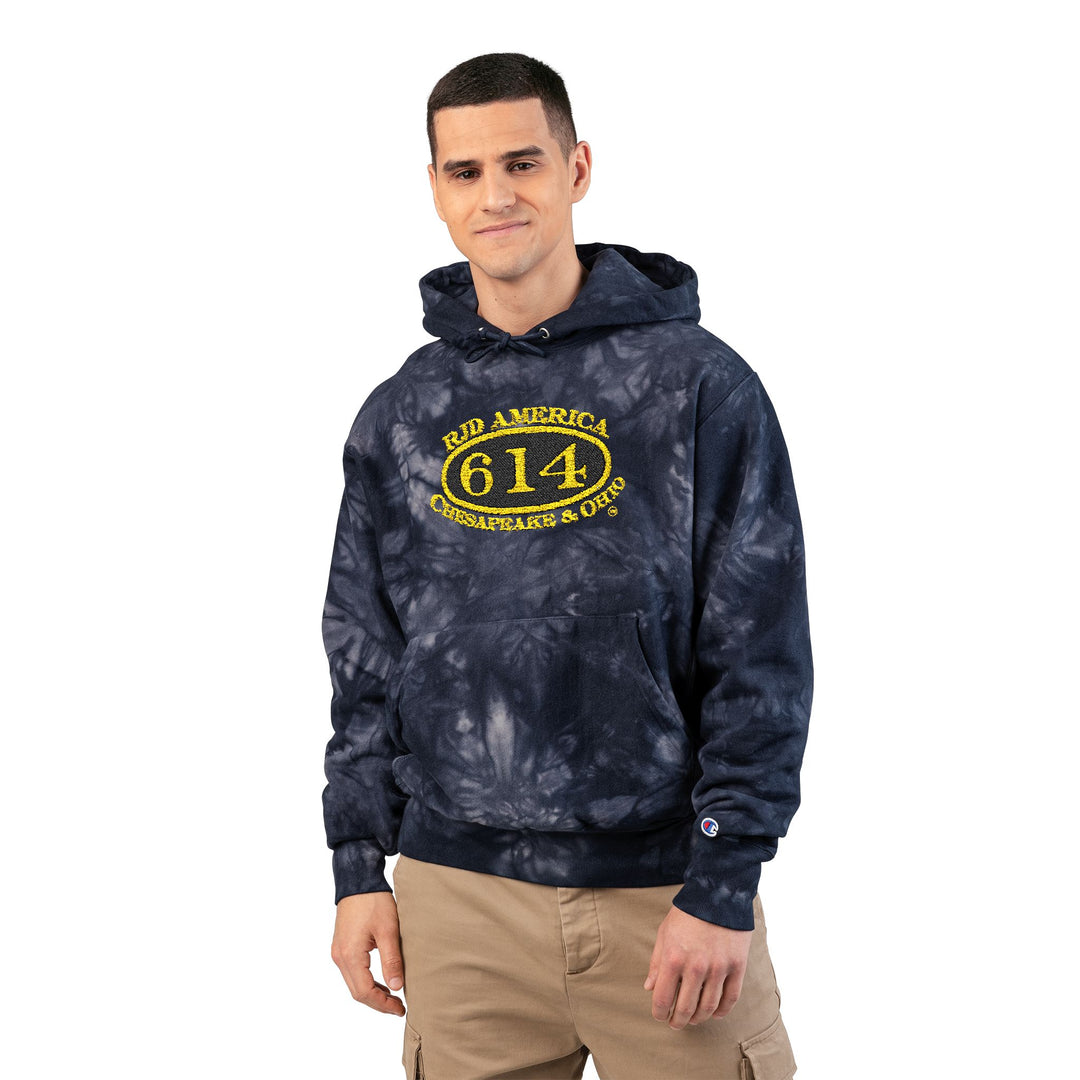 C&O 614/RJD America Logo Embroidered Tie-Dye Hoodie — Champion-Style Spiral Pullover
