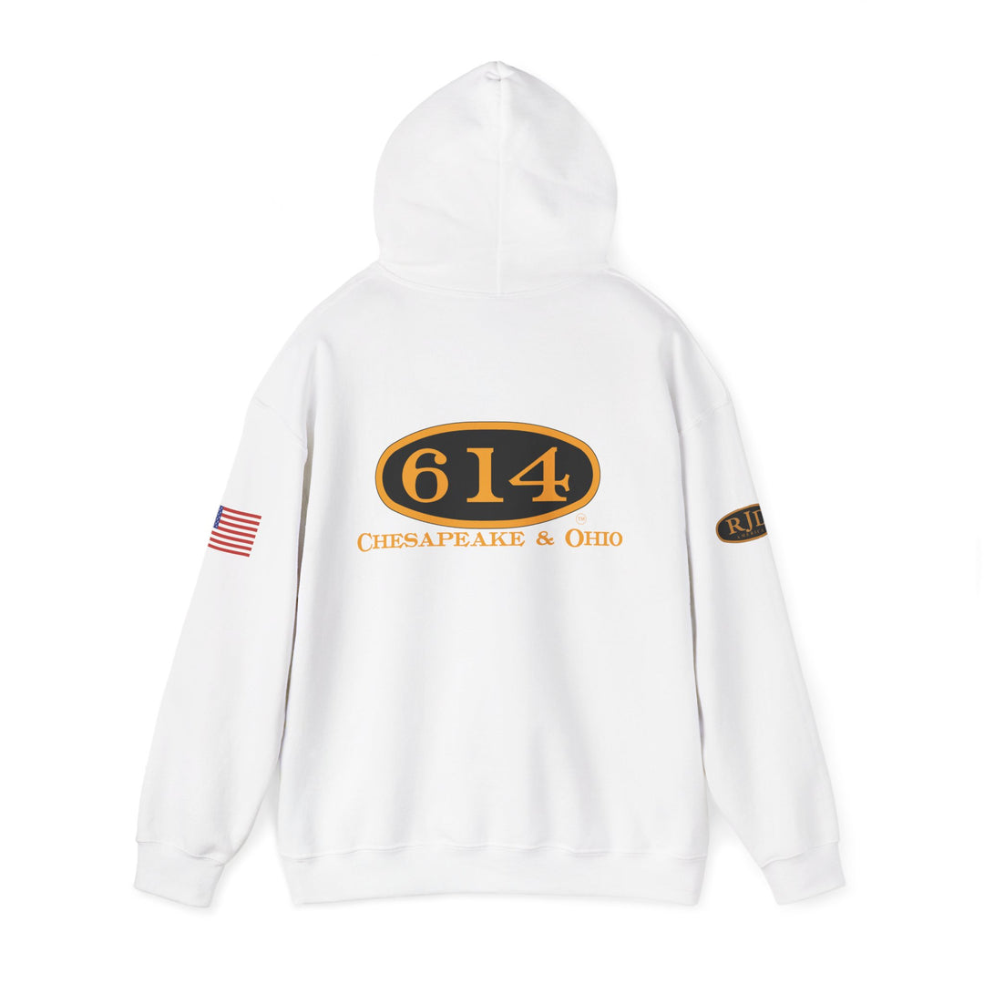 Chesapeake & Ohio 614 Vintage Hoodie - Unisex Heavy Blend™ with American Flag and RJD America Logo on the sleeves.