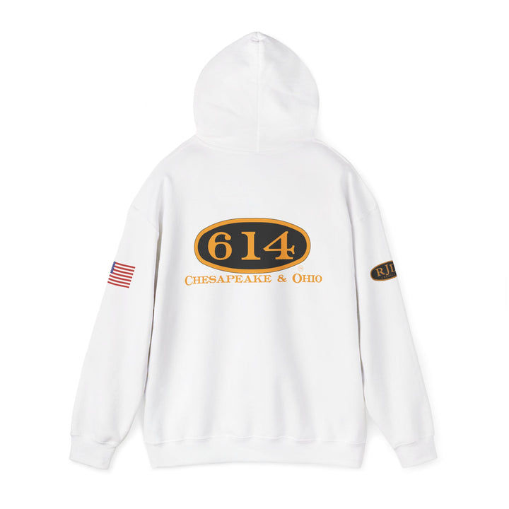 Chesapeake & Ohio 614 Vintage Hoodie - Unisex Heavy Blend™ with American Flag and RJD America Logo on the sleeves.