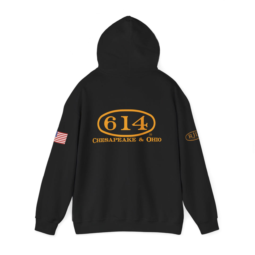 Chesapeake & Ohio 614 Vintage Hoodie - Unisex Heavy Blend™ with American Flag and RJD America Logo on the sleeves.