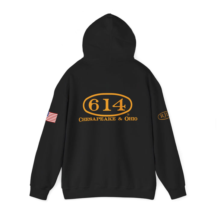 Chesapeake & Ohio 614 Vintage Hoodie - Unisex Heavy Blend™ with American Flag and RJD America Logo on the sleeves.