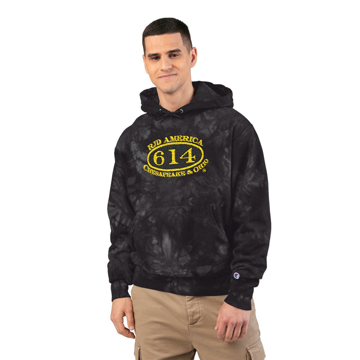 C&O 614/RJD America Logo Embroidered Tie-Dye Hoodie — Champion-Style Spiral Pullover