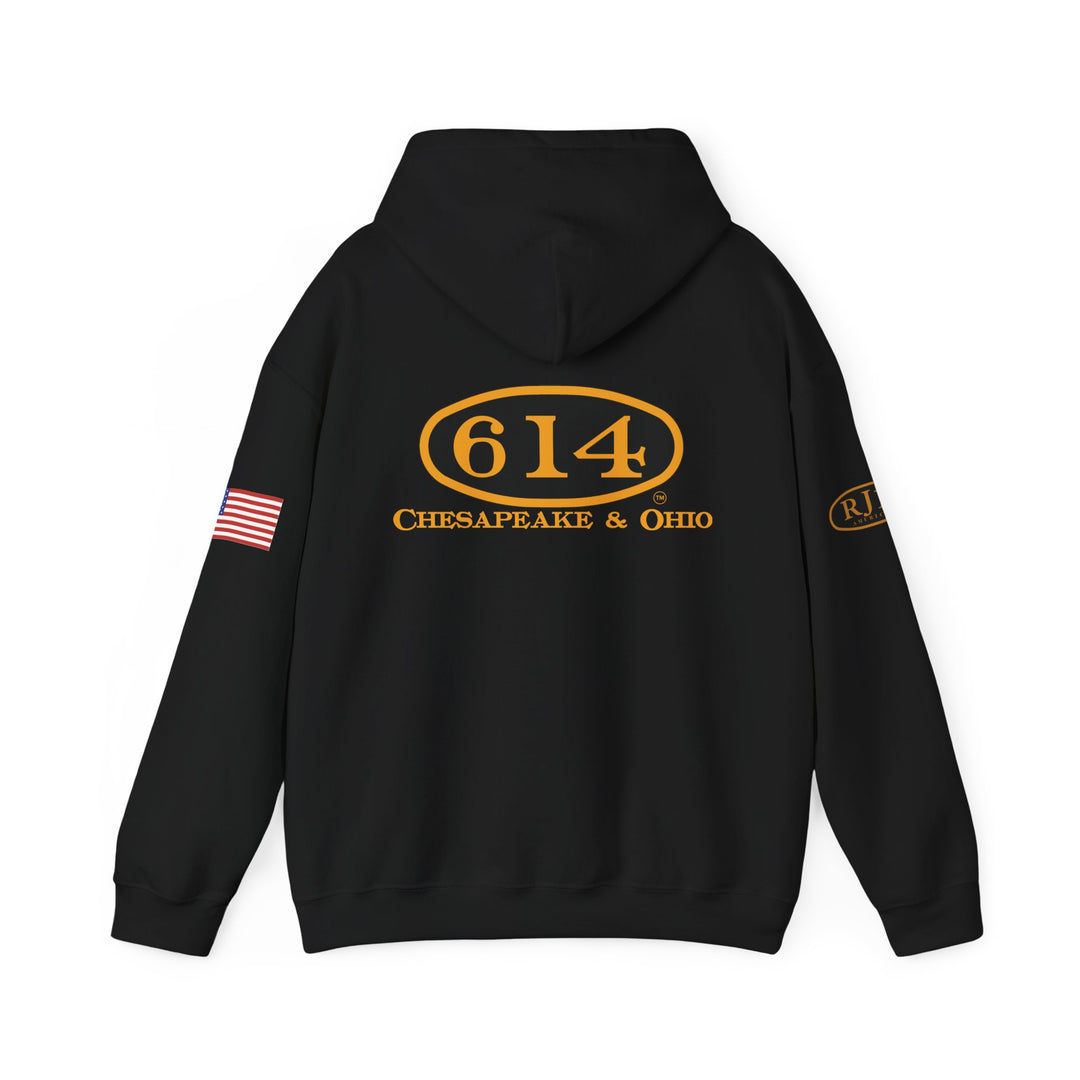 Chesapeake & Ohio 614 Vintage Hoodie - Unisex Heavy Blend™ with American Flag and RJD America Logo on the sleeves.