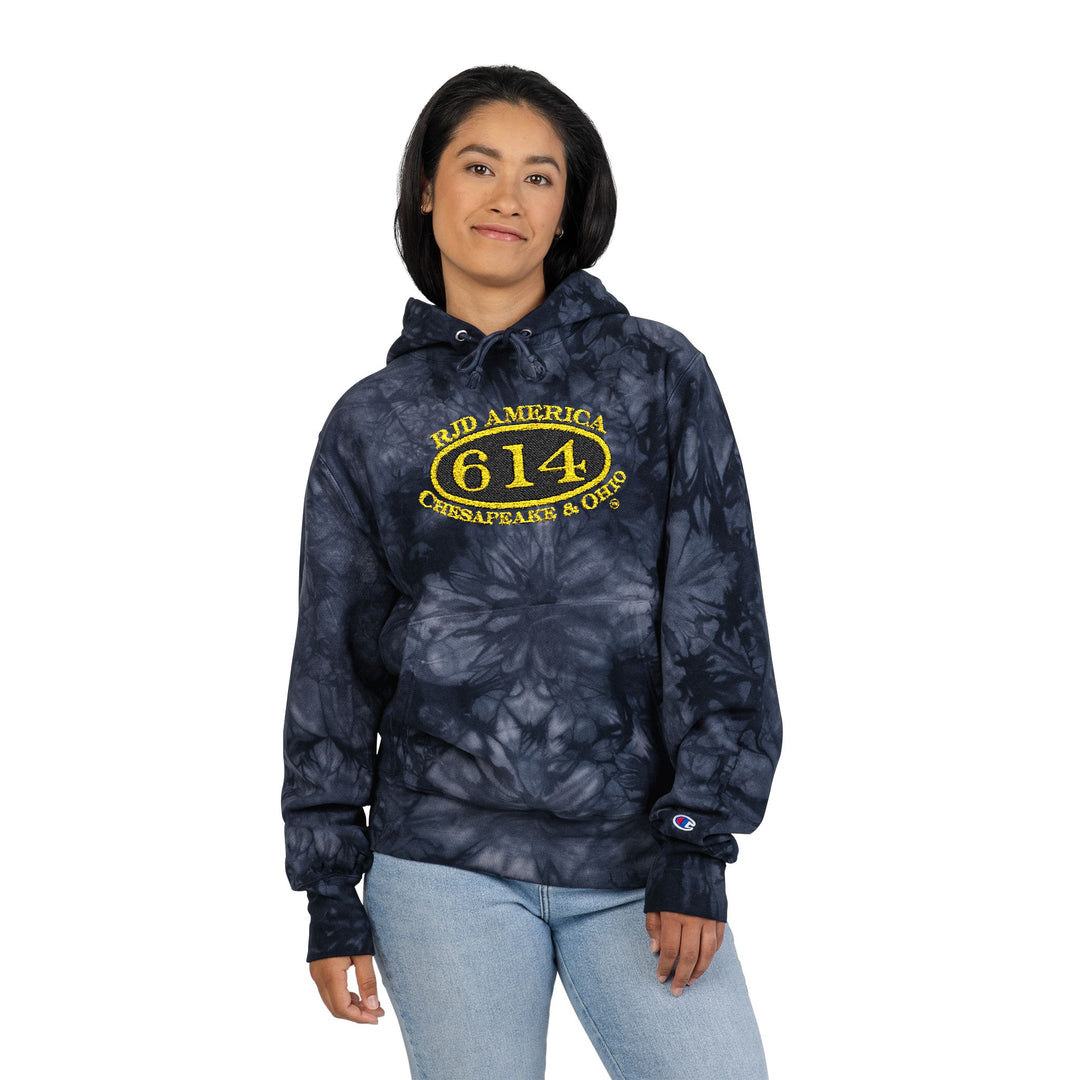 C&O 614/RJD America Logo Embroidered Tie-Dye Hoodie — Champion-Style Spiral Pullover