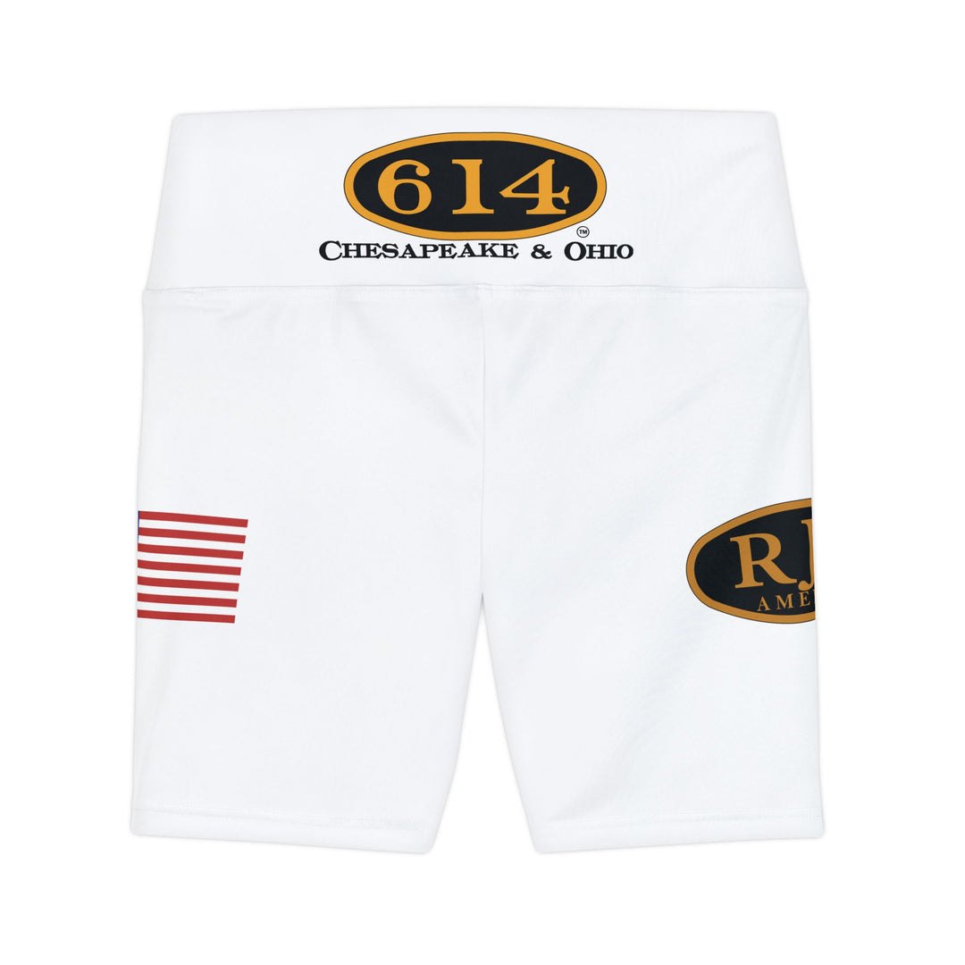 Women's Shorts — White Fitness Biker Shorts with RJD America Logo, '614 Chesapeake & Ohio' and American Flag