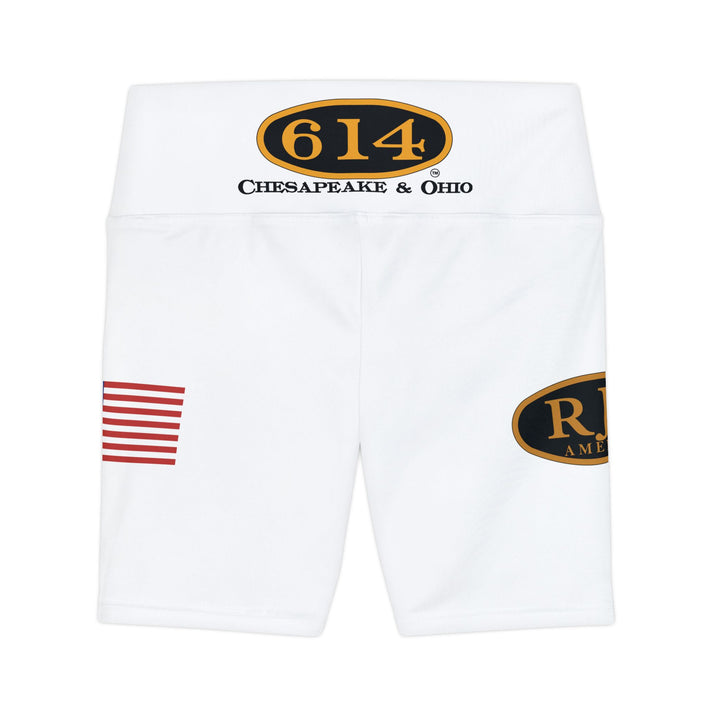 Women's Shorts — White Fitness Biker Shorts with RJD America Logo, '614 Chesapeake & Ohio' and American Flag